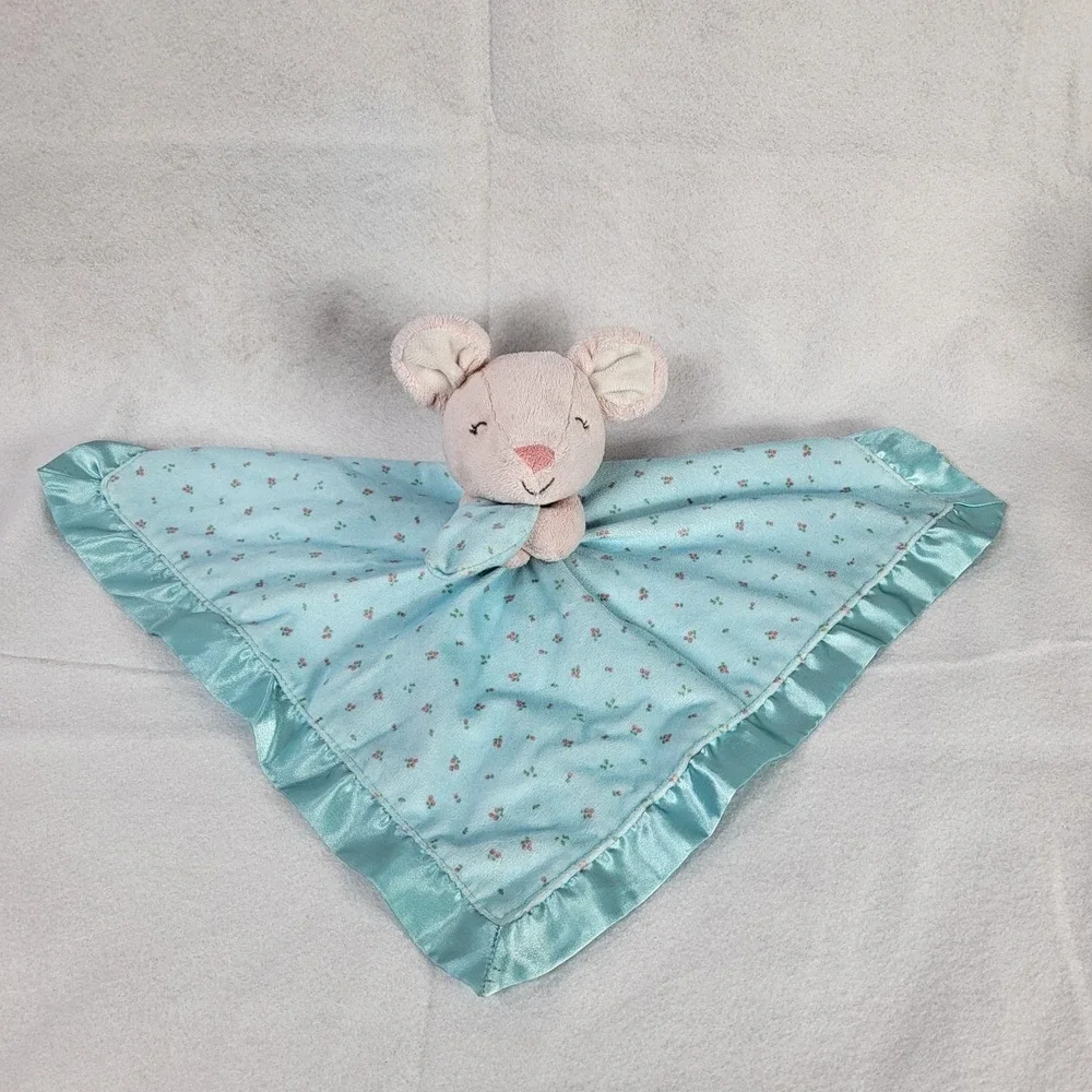 Carters Pink & Blue Teal Floral Stuffed Mouse‎ Lovey Plush Satin Edges Blanky